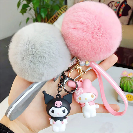 Cute Sanrio Kuromi Keychains with Fur Ball-0