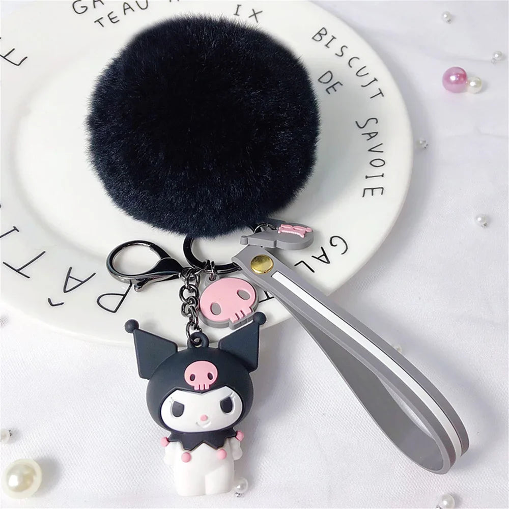 Cute Sanrio Kuromi Keychains with Fur Ball-4