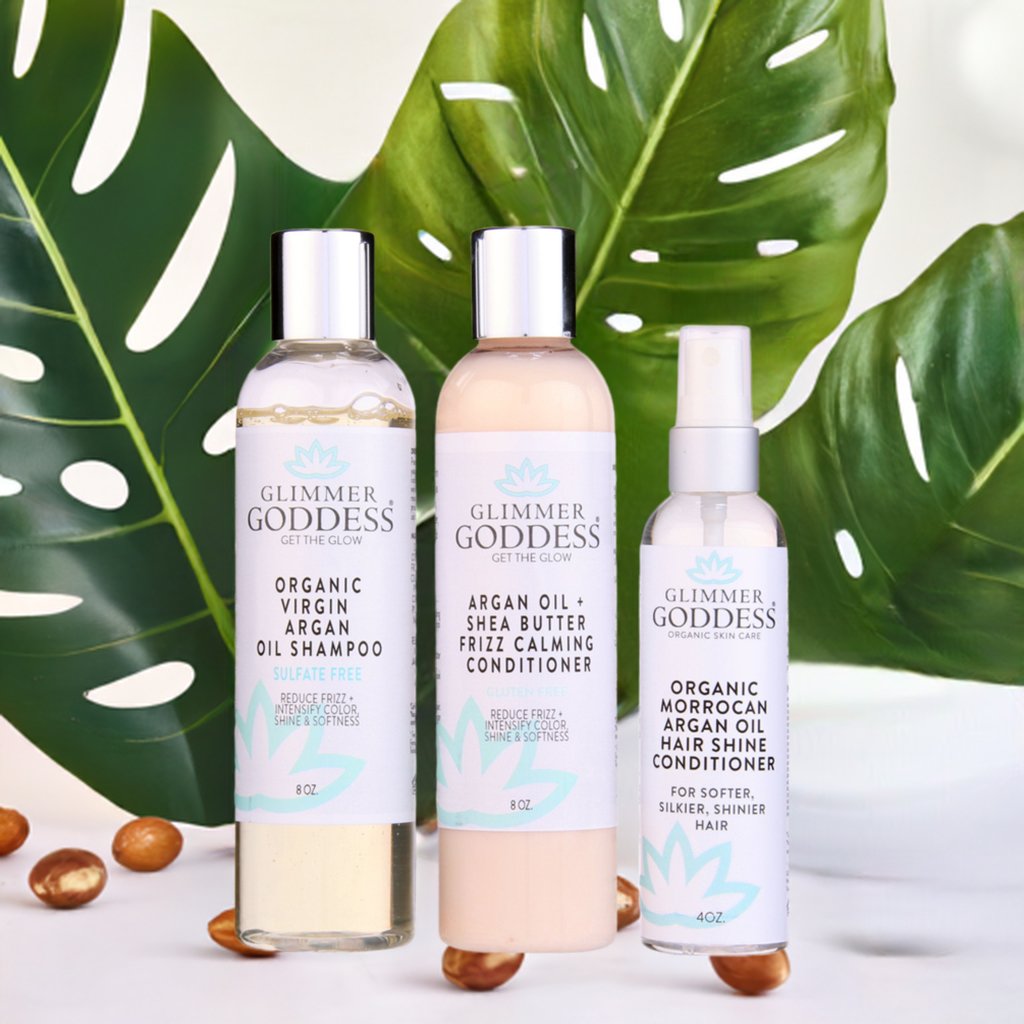 Organic Argan Oil Hair Treatment Trio, Hydrating Shampoo, Deep Conditioner, and Hair Shine Spray-2